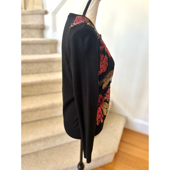 Charter Club Black Red & Gold Sequin Floral Button Down Long Sleeve Cardigan - Picture 2 of 7